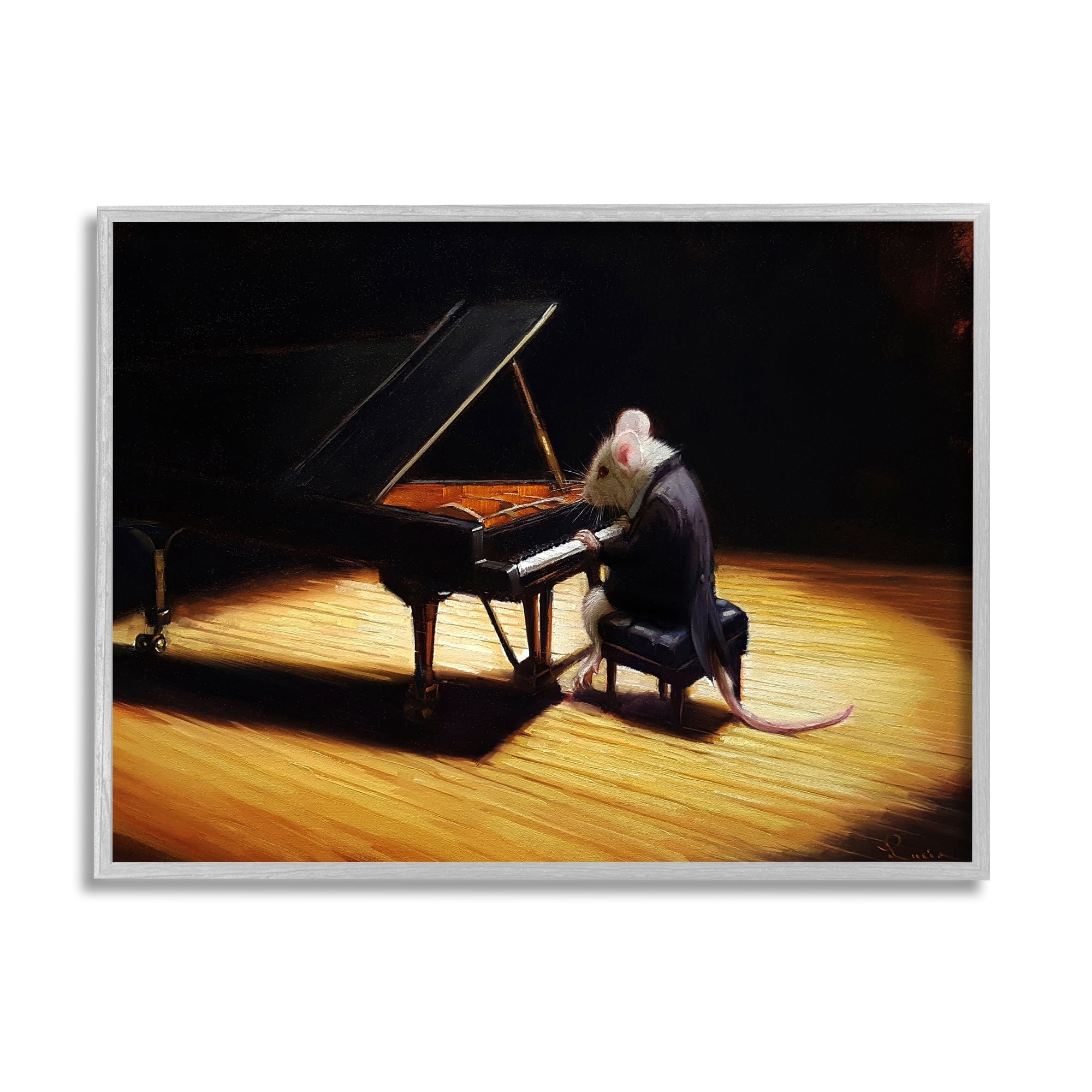 Stupell Industries Mouse Musician Playing Grand Piano Stage Spotlight Painting Gray Framed Art Print Wall Art, Design by Lucia Heffernan
