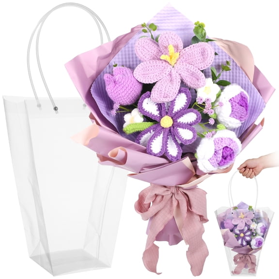 Crochet Flower Bouquet with Carry Bag, Purple Knitted Flowers for Valentine's Day, Birthday, Mother's Day, Graduation, Non-Wilting Yarn Flower Arrangement for Women, Mom, Daughter