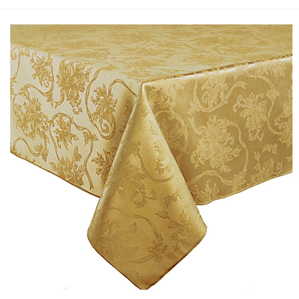 Christmas Ribbons Tablecloth Gold Damask Fabric (60 x 104 Rectangle