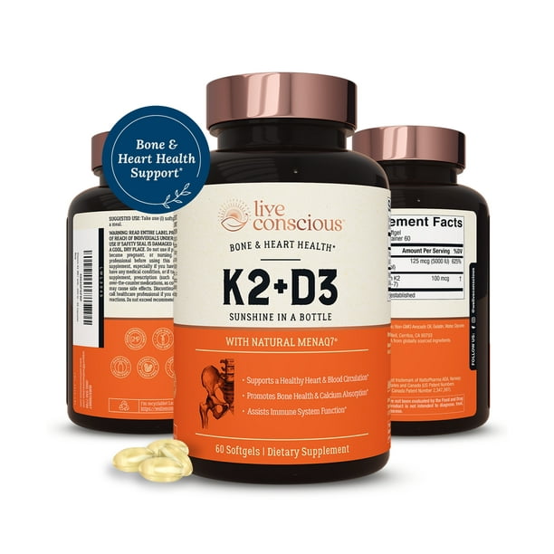Live Conscious Vitamin K2 MK7 with D3, 100 mcg & 5000 IU, 60 Softgels