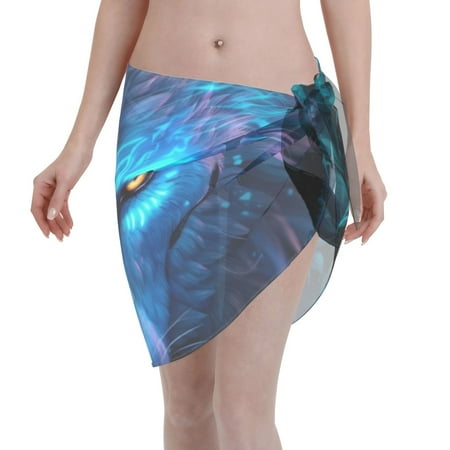 Bingfone Futuristic Blue Light Wolf Women s Sarong Swimsuit Cover Ups Bathing Suit Coverups Chiffon Beach Wrap Skirts