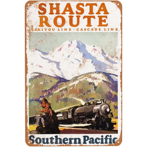 Vintage Metal Tin Sign Southern Pacific Railroad Shasta Route Wall Decor for Home Bar Man Cave Garage Bedroom 8 x 12 Inch