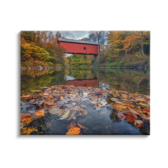 Stupell Autumnal Foliage River Bridge Landscape Photography Gallery Wrapped Canvas Print Wall Art