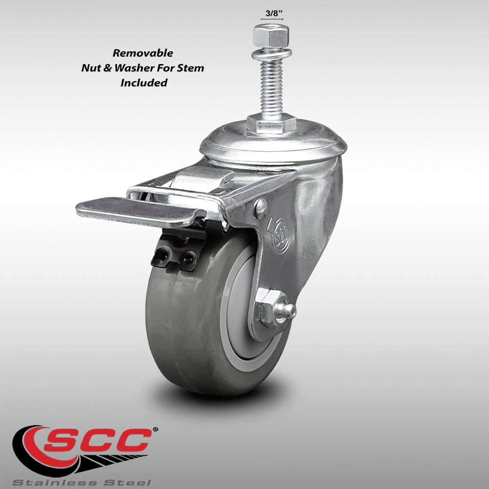 3.5 Inch SS Gray Polyurethane 3/8 Inch Threaded Stem Caster Total Lock Brake SCC