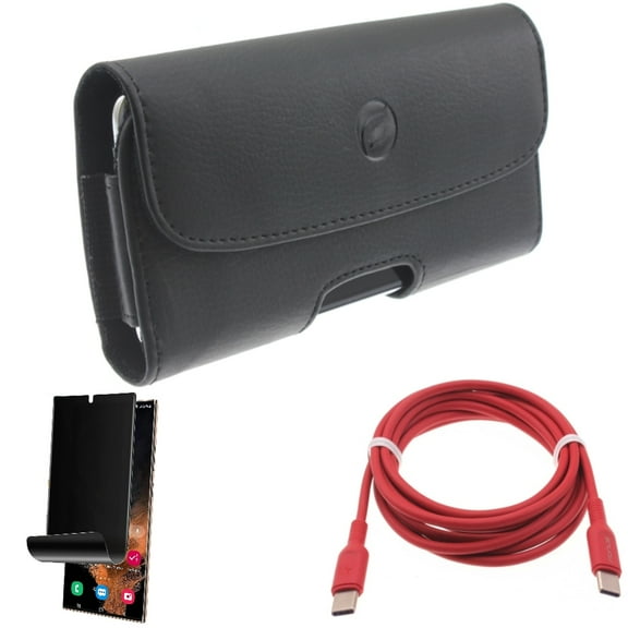 Red 6ft Long Cable & Case Belt Clip & Privacy Screen Protector for Samsung Galaxy S22 Ultra (6.8") - Combo USB-C to Type-C PD Fast Charger Cord & Leather Holster Cover & TPU Film (Fingerprint)