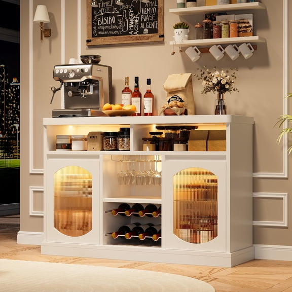 Wine Bar Cabinet with LED Light,47" Liquor Storage Cabinet with Wine Rack and Glass Hanger Coffee Bar Cabinet with Adjustable Shelves Bar Cabinet with Glass Doors for Kitchen Dining Living Room