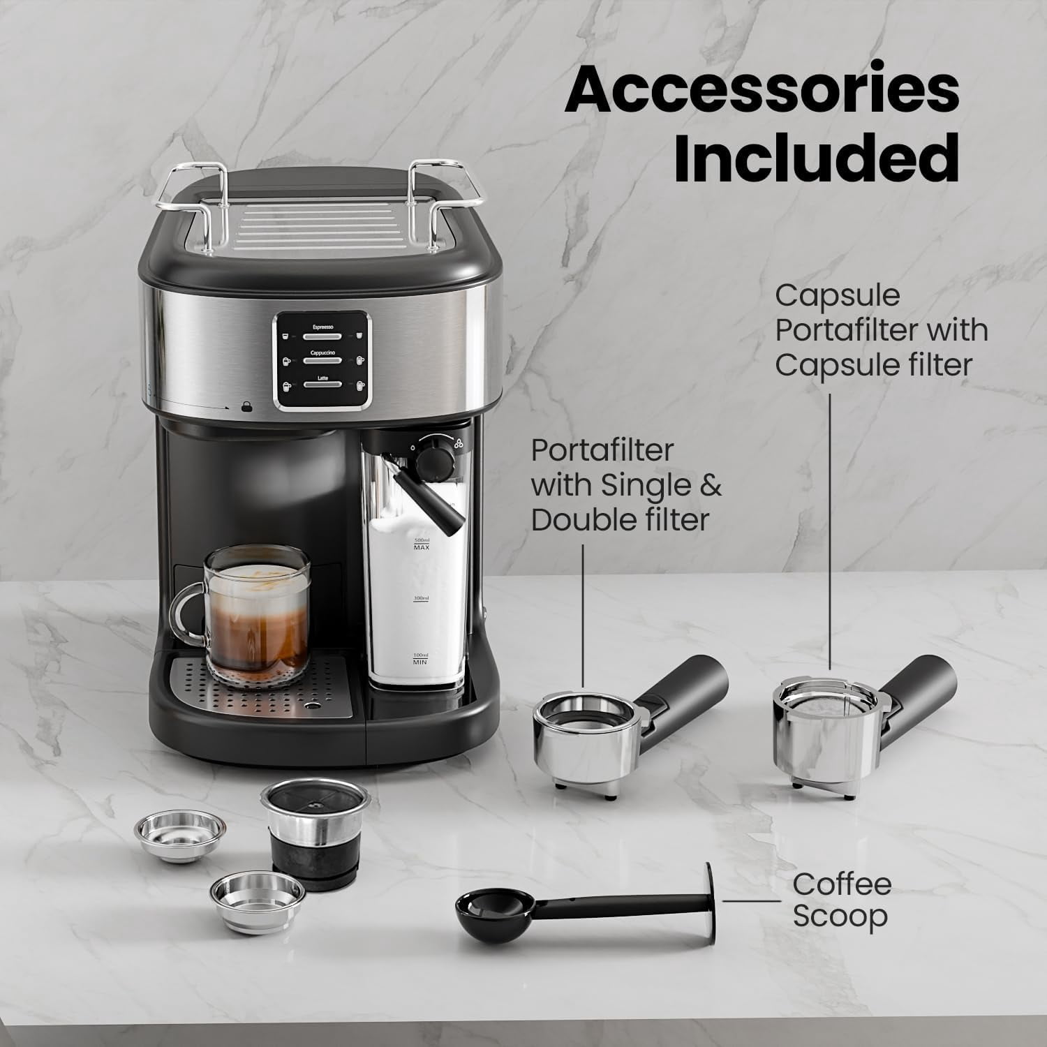 CRZOE 20Bar Latte Machine, Espresso and Cappuccino Machine with Automatic Milk Frother, 3 in 1 Professional Semi-Automatic Espresso Maker with Dual Heating System & Capsule Compatible