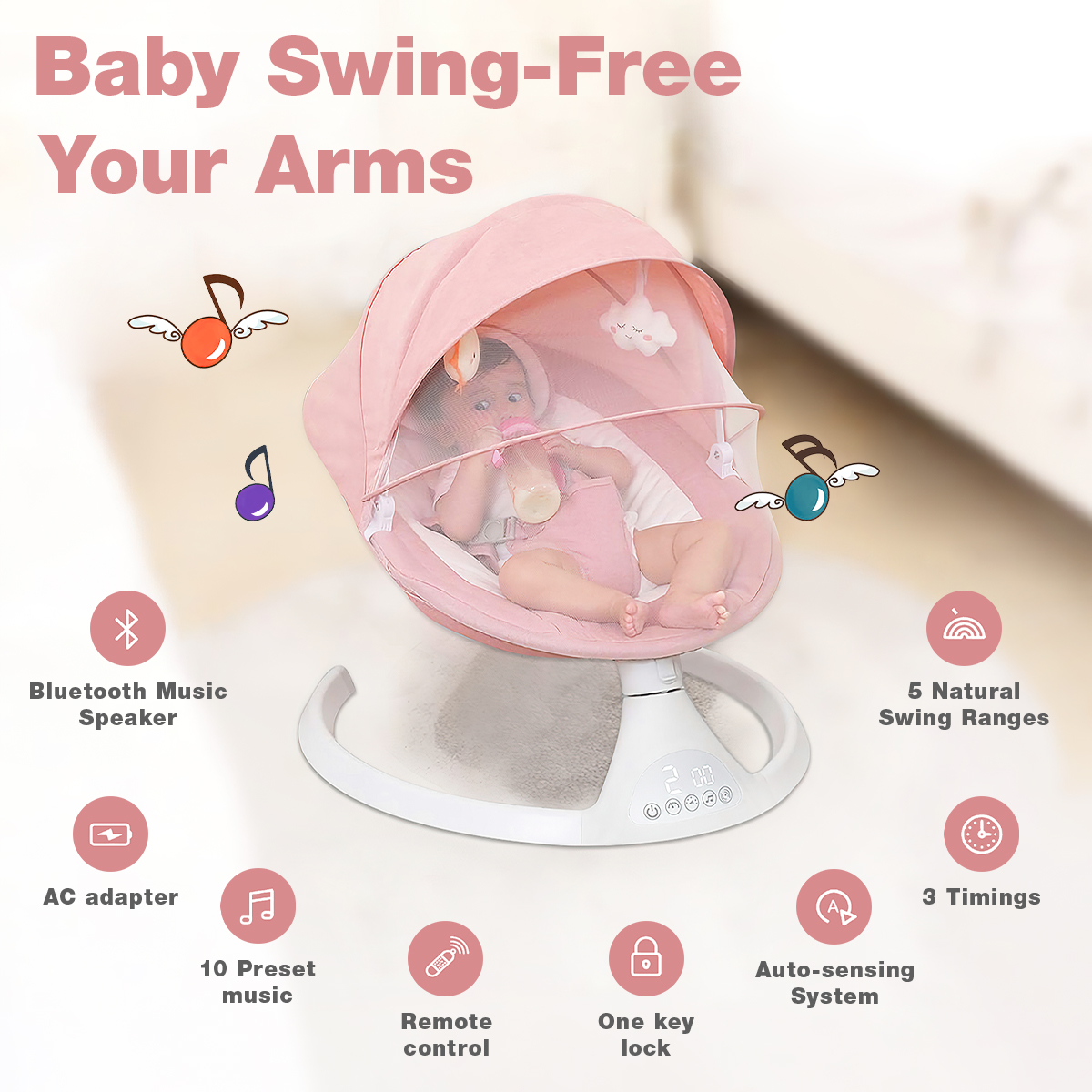 Yadala Baby Swing, Electric Baby Swings for Infants Baby Bouncer with Remote Control and Music, Pink - image 2 of 8