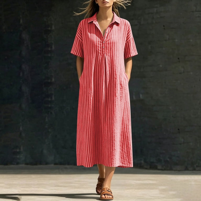 red shift dress outfit Miluxas Striped Shirt Shift Dress for Womens Collared V Neck Short Sleeve Loose Outing Maxi Dress with Pockets Business Casual Street Outfit Red,