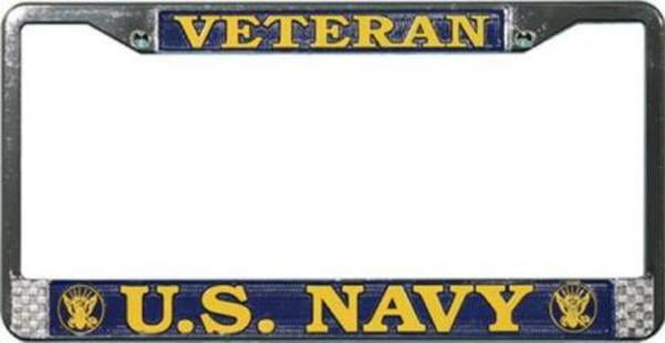 US NAVY Veteran Metal Chrome License Plate Frame Blue Yellow " Made in USA " US NAVY Veteran Metal Chrome License Plate Frame Blue Yellow " Made in USA "