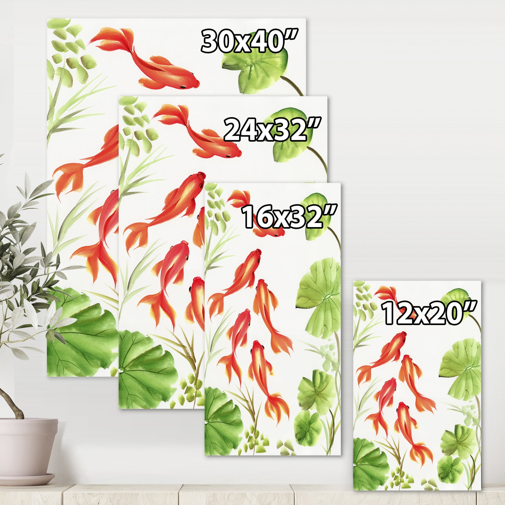 Designart ' Ancient Goldfishes Among The Lotus Leaves ' Nautical & Coastal Canvas Wall Art Print