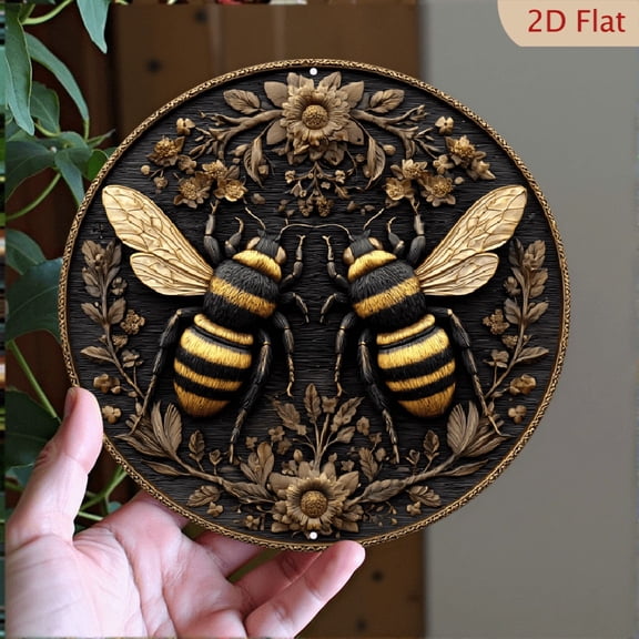 Vintage Bee Sign, Floral Relief Wall Art Decor, 8" Round Aluminum Wall Art Sign, Metal Signs, Wall Decor For Kitchen, Door, Office, Bedroom Decor, Best Gifts For Room, Home, Bathroom Decor, 2D Flat