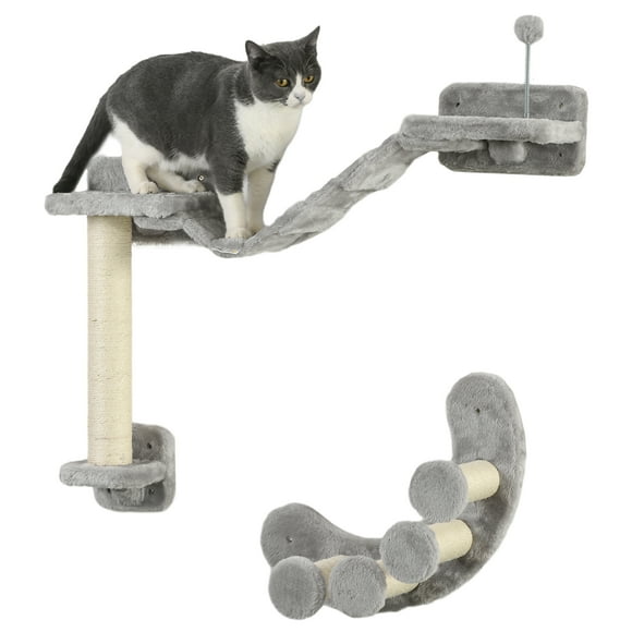 PawHut Cat Wall Shelf with Scratching Post, Play Balls, Curved Post Ladder