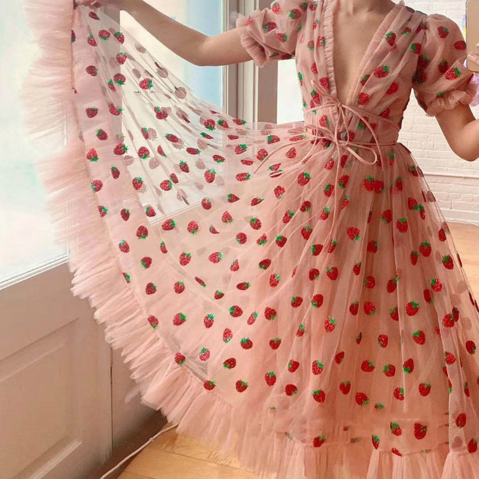 Casual Puff Sleeve V Neck Summer Dress Pink S