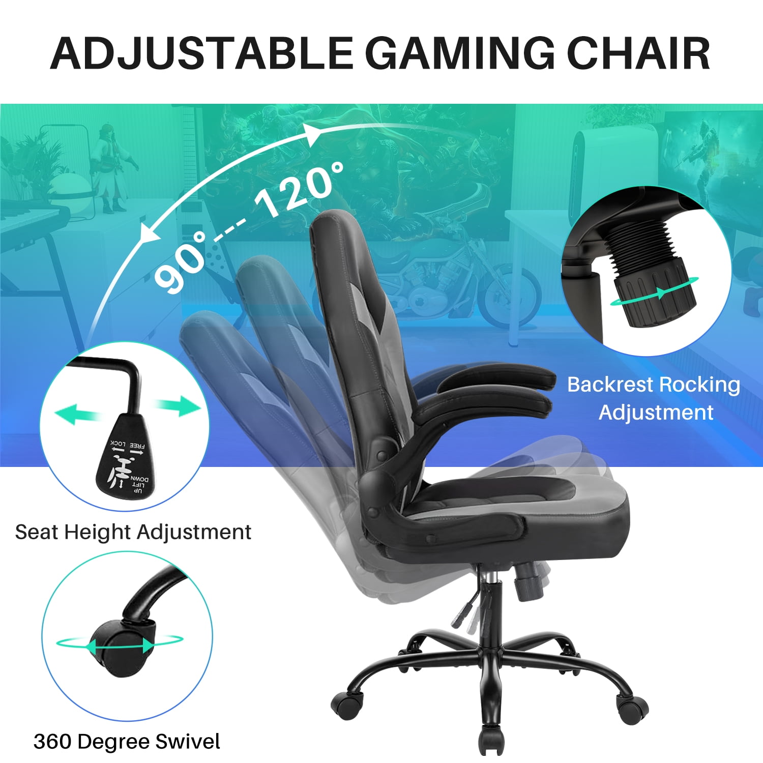 Bigleap Gaming Chair, Ergonomic Office Leather Racing Chair with Flip-up Armrest, Black Gray