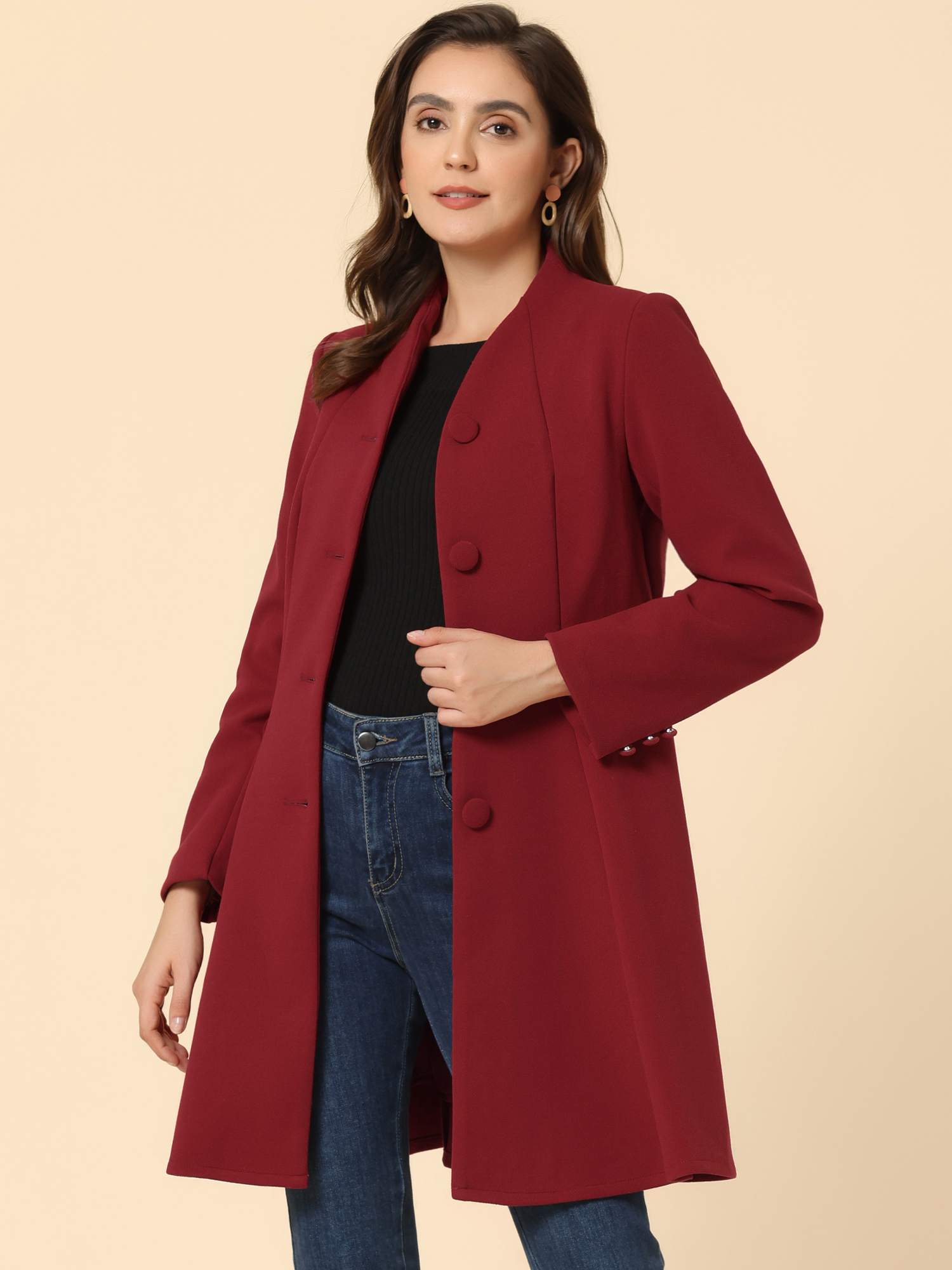 DARING DIVA Women's A-Line Long Sleeve Single Breasted Peplum Hem Long Coat Dark Red XL