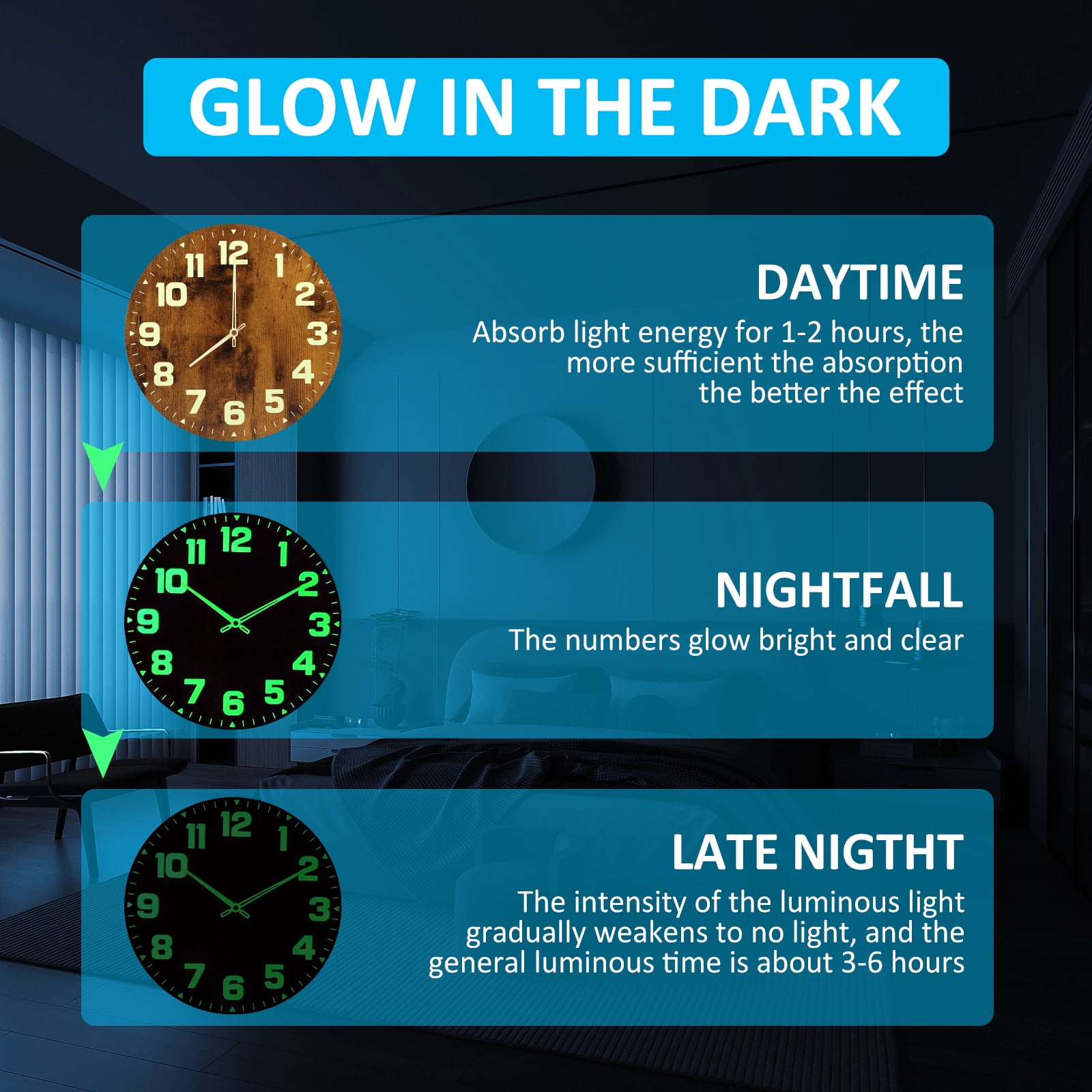 Zeokiar Luminous Wall Clocks Wooden Glow in The Dark Clock 12 inch Silent Non-Ticking Lighted Wall Clock Battery Operated Night Light Clock Home Decoration for Living Room Office Kitchen Bedroom
