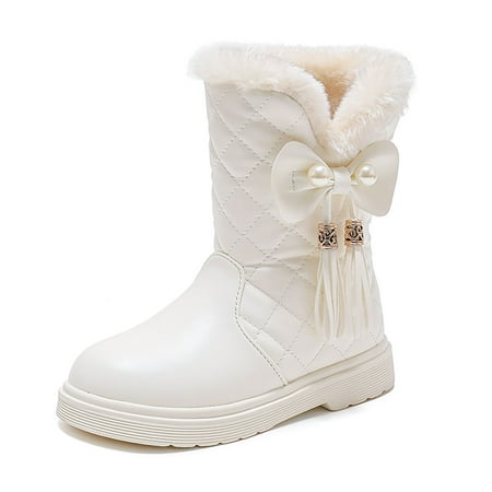 

Girls Cute Snow Boots with Bow Tassels Four Seasons Mid Tube On Boots PU Upper Fabric Lining Round Toe White 5.5-6 Years