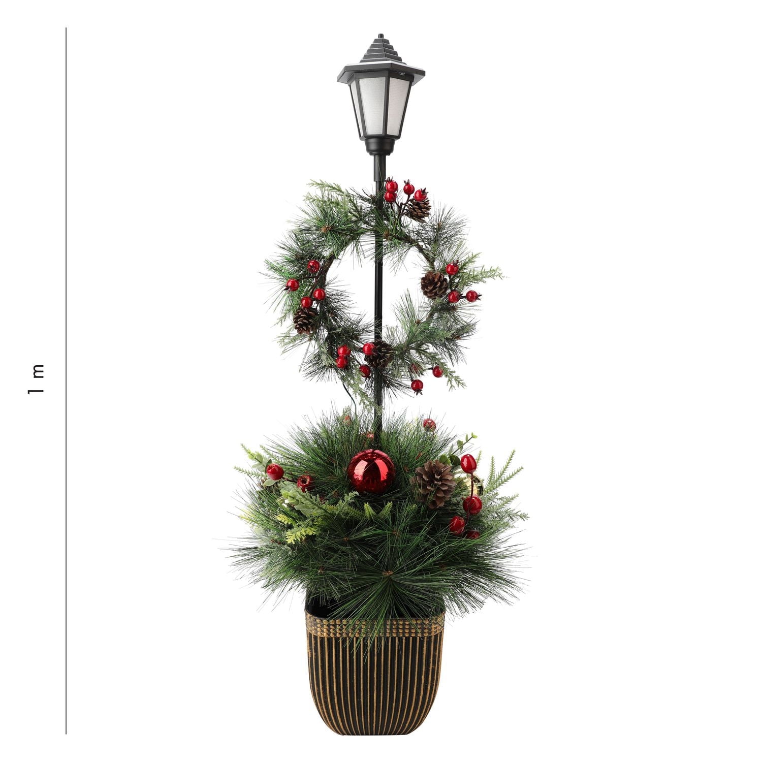 1M 35L POTTED PRELIT PORCH DECORATED MIXED PINE ARRANGEMENT WITH WREATH & LANTERN