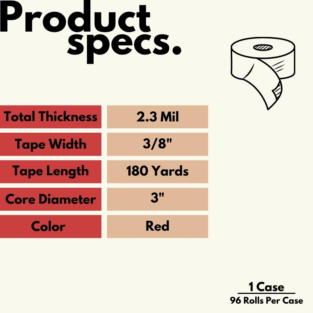 SSBM 3/8" x 180 Yards Red Poly Bag Sealing Tape 2.3 Mil Strong Adhesion Industrial Use, 96 Rolls