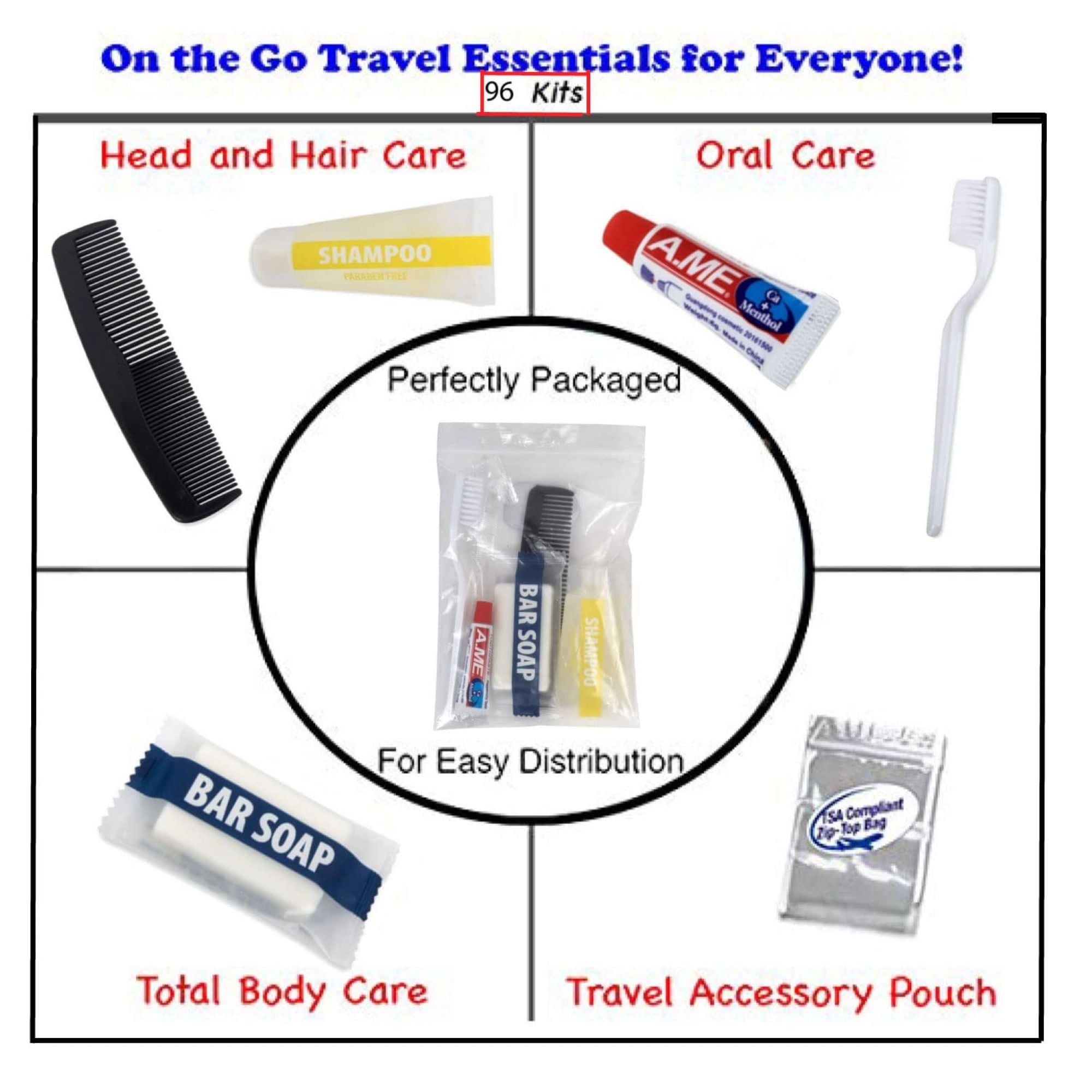 96 Pack of Bulk Wholesale 6 Piece Travel Size Hygiene Toiletry Kits Containing Shampoo, Bar Soap, Toothbrush, Toothpaste, and Hair Comb for Homeless Charity Donation