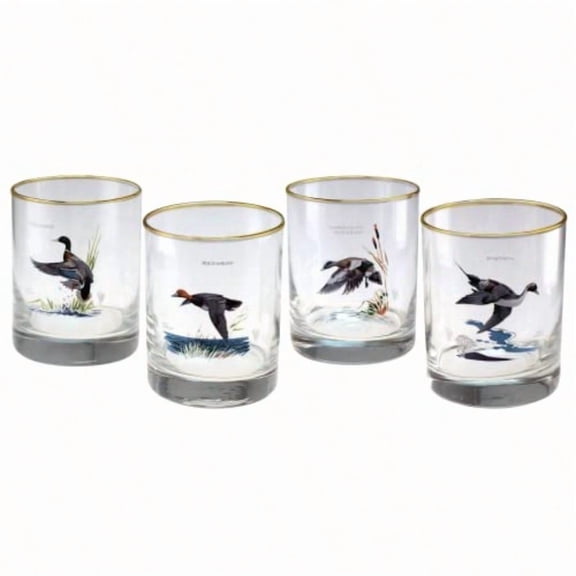 Ned Smith 22k Gold Rim Waterfowl DOF Double Old-Fashioned Glasses 13.5-Ounce Assorted Set of 4