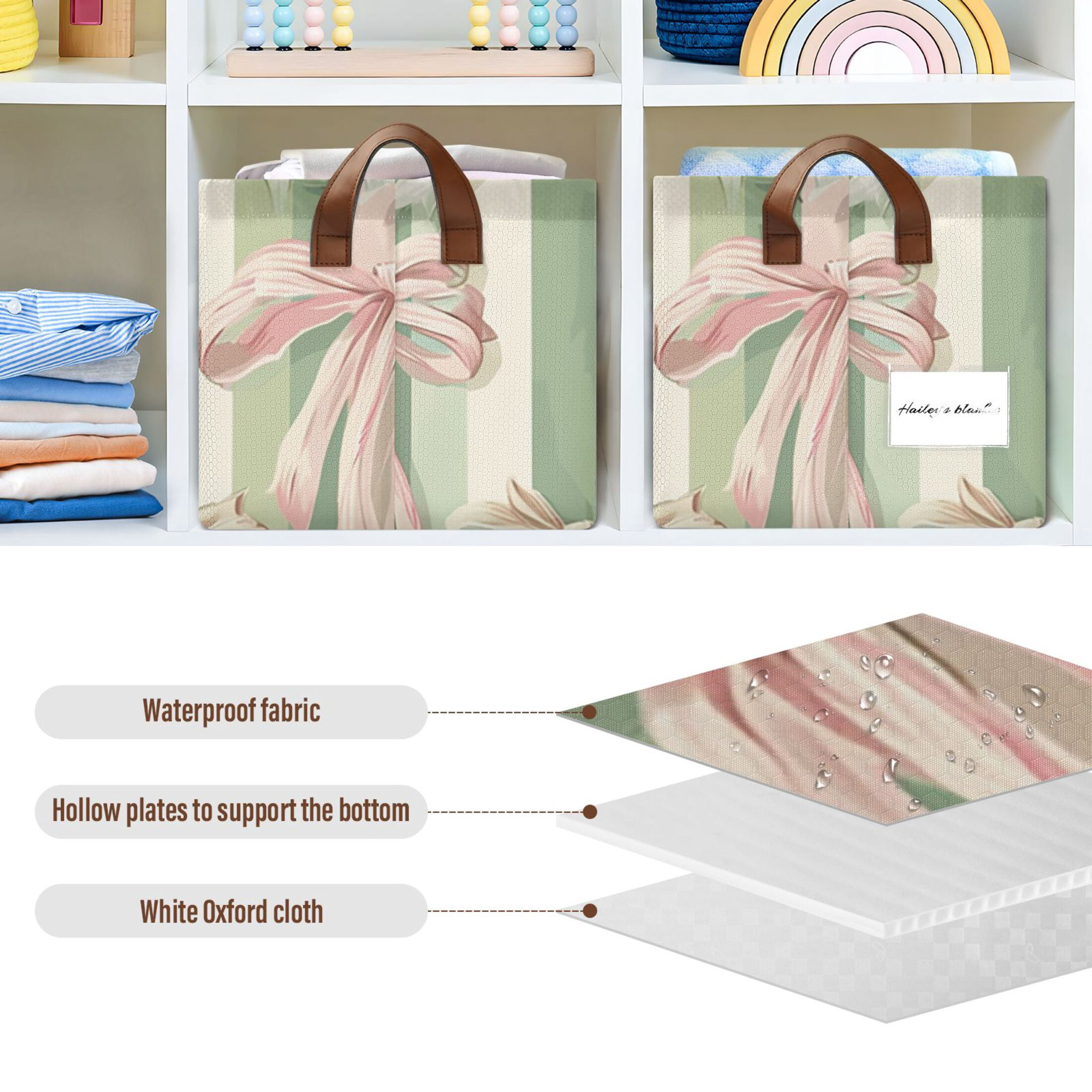 Pink Green Ribbons Stripe Foldable Storage Large Fabric Storage Baskets Organizer Storage Bins with Handles for Shelves