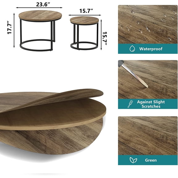 Nesting Coffee Table Set of 2, 23.6 Inch Round Wood Grain Top with Adjustable Non-Slip Feet for Living Room