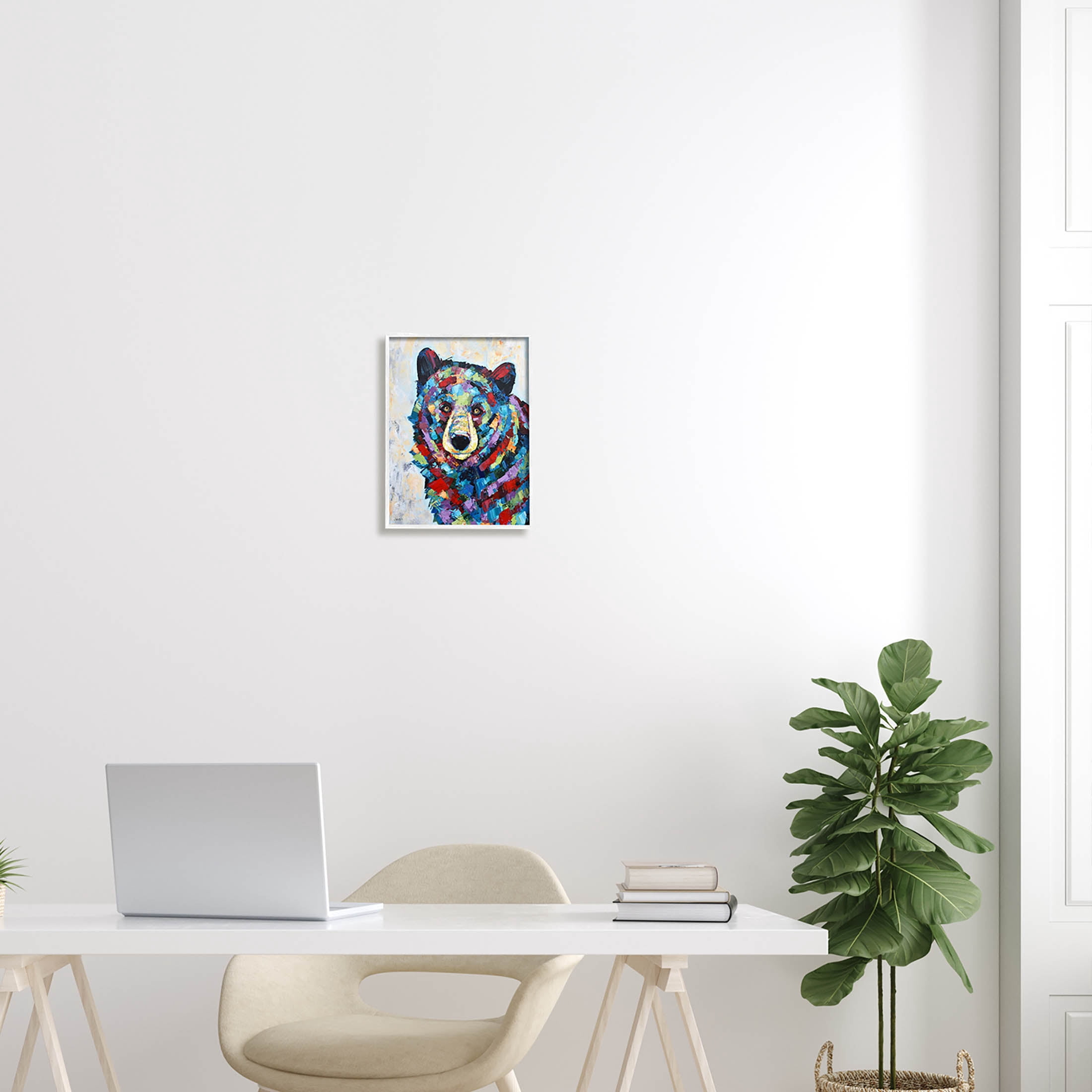 Geometric Hued Abstract Bear Animals & Insects Painting White Framed Art Print Wall Art