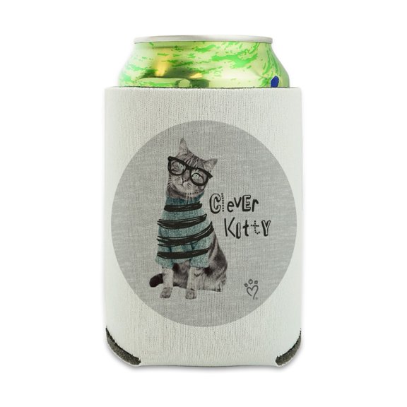 Clever Smart Kitty Cat Kitten Glasses Sweater Can Cooler - Drink Sleeve Hugger Collapsible Insulator - Beverage Insulated Holder