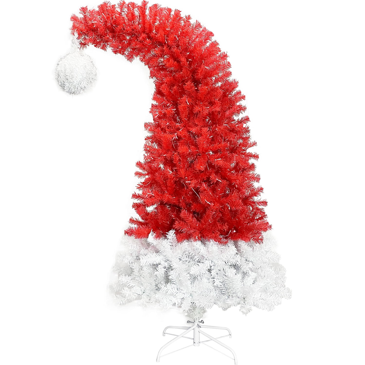 Kadyn 6ft Christmas Tree, Hinged Fraser Fir Artificial Fir Bent Top Christmas Tree, Pre-lit Slim Christmas Tree with LED Lights, Red