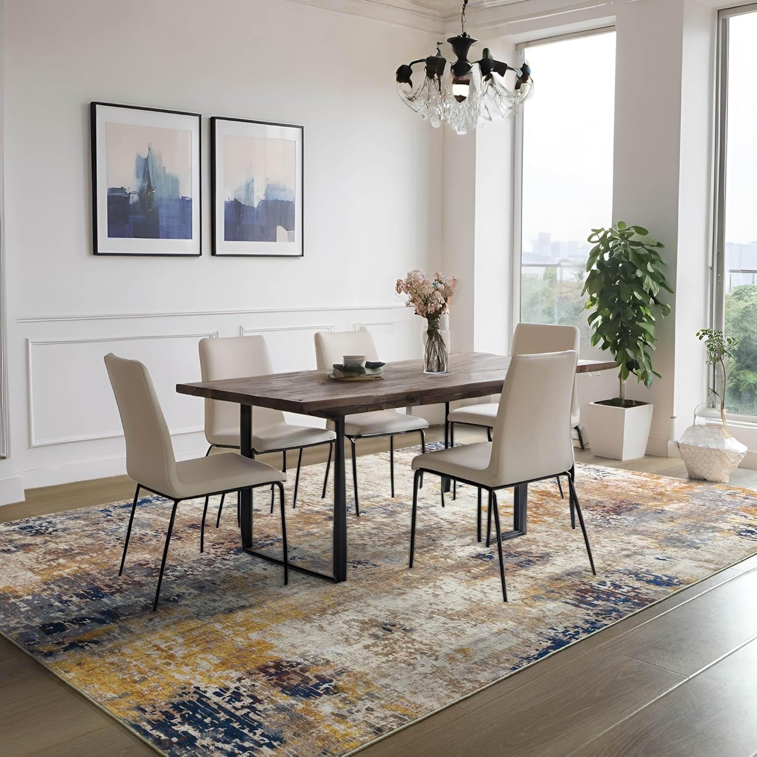 Arogan Modern Abstract Washable Rug for Living Room, Bedroom, Dining Room, Children's Playroom, Beige, 5' x 7'