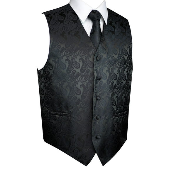 "BEST TUXEDO" Men's Formal, Wedding, Prom, Homecoming, Tuxedo Vest, Tie & Hankie Set - Charcoal Paisley