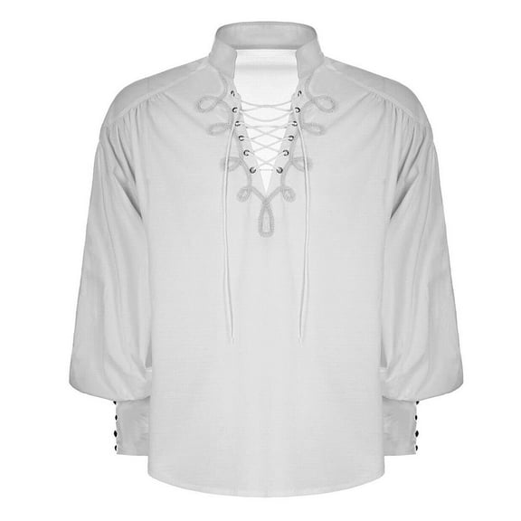 Fesfesfes Stage Blouse Mens Lace Up Solid Color Tops Men's Long Sleeve Shirt Stand Collar Shirt Sale Clearance