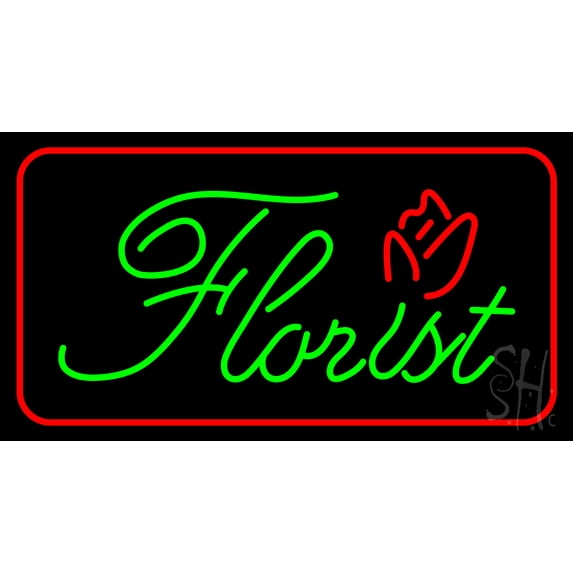 Green Florist Red Border LED Neon Sign 13 x 24 - inches, Black Square Cut Acrylic Backing, with Dimmer - Bright and Premium built indoor LED Neon Sign for Defence Force.