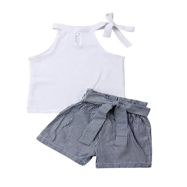 Petites Filles Hauts Sans Manches à Rayures Shorts Larges avec Nœud 1-6 Ans
