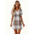 thumbnail image 6 of Women's Fashion Geometric Grid Print V-Neck Short Sleeve Casual Dress with Pocket, Pullover Summer Dress, Comfortable Loose Fit, Stylish Ladies Wear,Light Brown,M, 6 of 8
