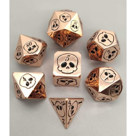 Galactic Dice Premium Dice Sets - Metal Copper Skull Set of 7 Dice with Tin