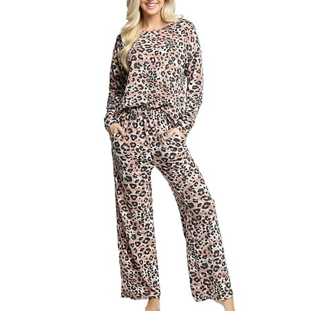 

Womens Tops and Pants Pajamas Set Joggers PJ Sets Nightwear Leopard Print Homesuit Brown(Leopard) XL