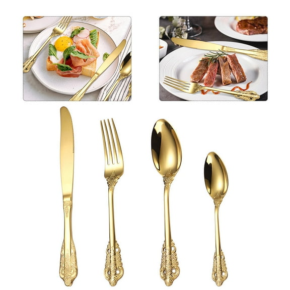 Raindrops 1 Set Retro Silverware Set Stainless Steel Flatware with Golden Accents Cutlery for Dining