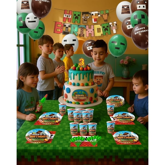 160 pcs Pixel Birthday Party Decorations, Party Supplies, Pixel Games Birthday Party Supplies Set with Banner, Balloons, Tableware, Plates, Napkins, Tablecloth & Decorations for 20 Kids
