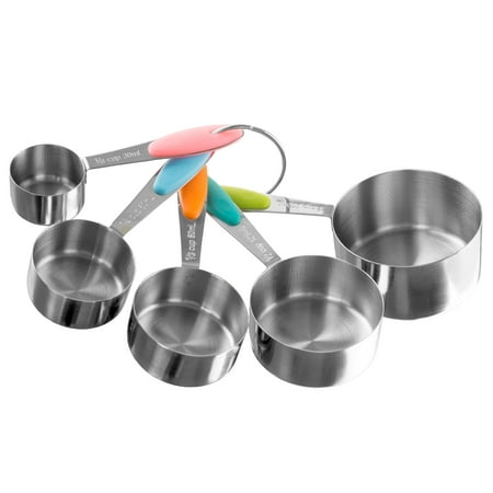 Measuring Cups Set, Stainless Steel with Colored Silicone Handles and Metal Ring Hanger for Baking and Cooking (5 Piece) by Classic