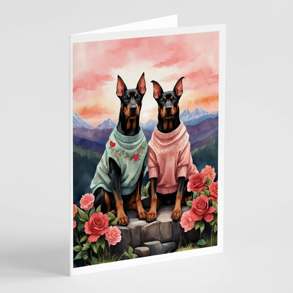Doberman Pinscher Two Hearts Greeting Cards Pack of 8 7 in x 5 in