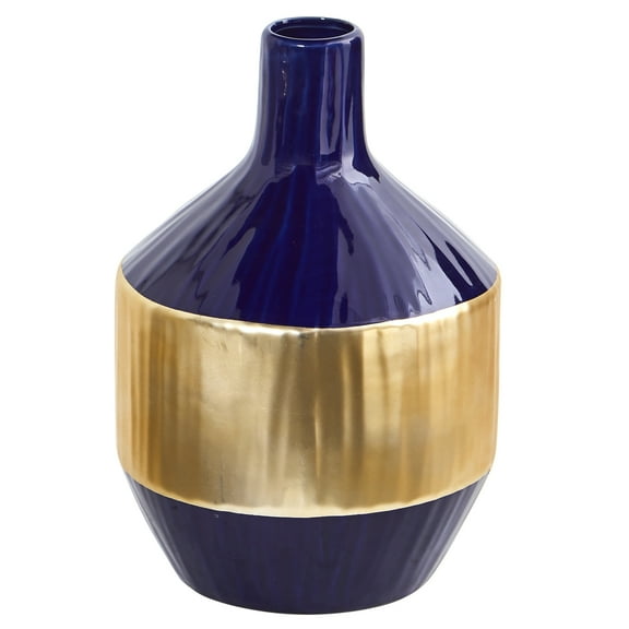 Nearly Natural 9" Traditional Lux Blue Ceramic Vase with Gold Band