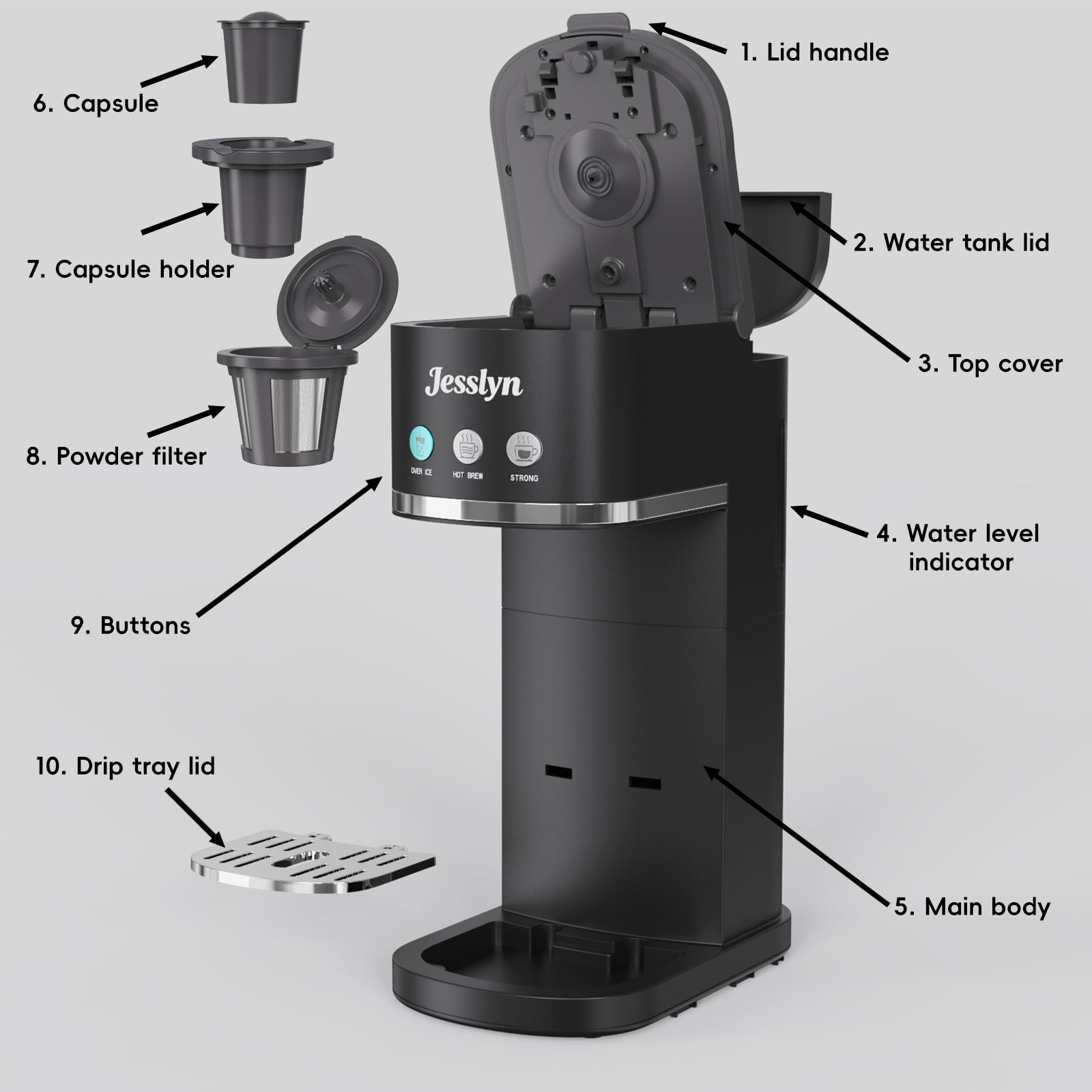 Jesslyn Single Serve Coffee Maker: Coffee Machine Compatible with K Cup Capsules & Grounds, Black