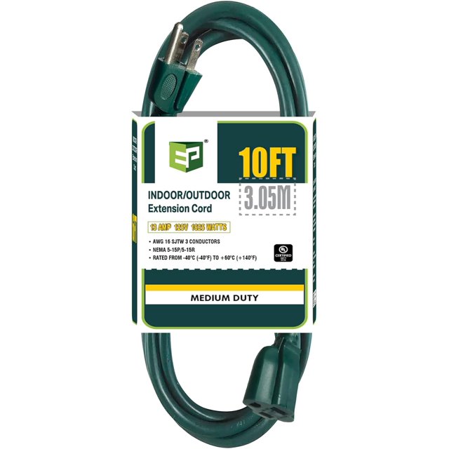 EP Rallonge Extérieure de 10 Pi - Câble Électrique Vert 16/3 SJTW avec Fiche à 3 Broches Mise à la Terre