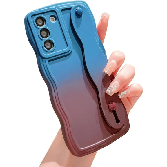 Compatible with Samsung Galaxy S21 FE 5G 6.4" Case for Women Men, Cute S21 FE Phone Case with Strap Wristband Kickstand Camera Lens Protect Gradient Wave Soft Silicone Cover (Blue Wine Red)