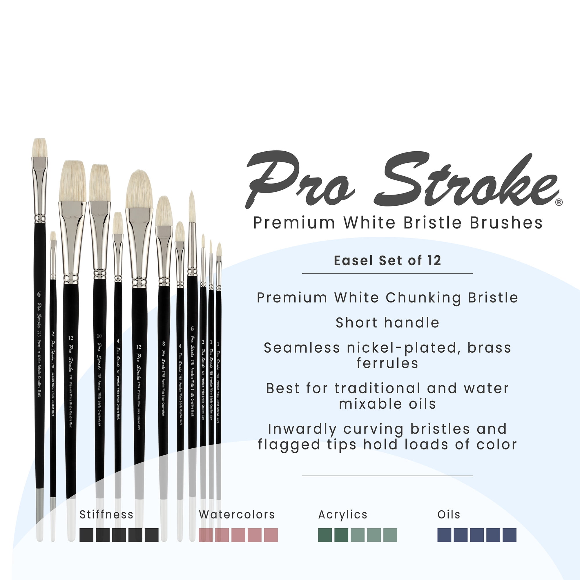 Creative Mark Pro Stroke Premium White Chungking Hog Bristle Artist Paint Brush - Short Handle Set of 12 with Easel Case - Natural Bristle Brush w/ Soft Touch Handle for Oils and Acrylics