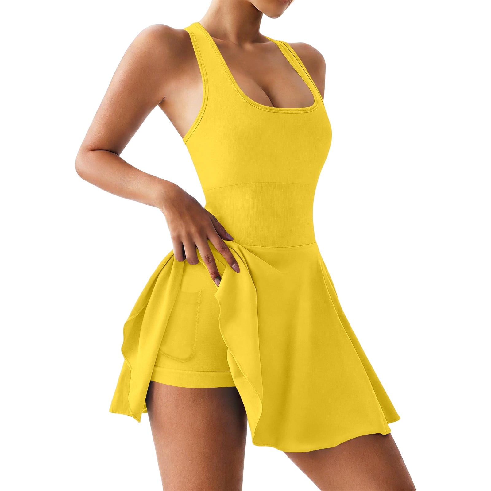 Letdown Womens Tennis Dress with Built in Shorts Racerback Easy Peasy Athletic Dresses Go|f Workout Active