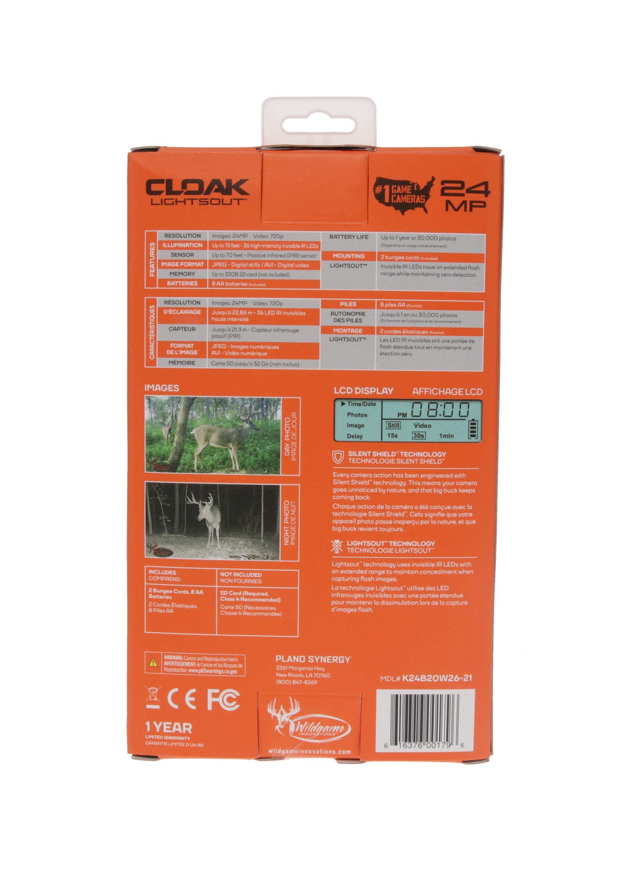 Wildgame Innovations Cloak LIGHTSOUT 24MP HD Photo, 720P Video, 75 Ft. Illumination Range, 3/4 SEC. Trigger Speed, Includes 8X AA Batteries